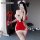 Sexy red bodysuit with strapless design, festive bow details, perfect for holiday-themed outfits.