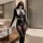 Elegant black bodysuit with white collar and cross design, featuring open crotch detail, perfect for cosplay or themed events...