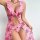 Pink floral design with sheer lace detailing, featuring a sensual mesh backless nightgown and matching lingerie set for women...