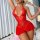 Woman wearing red lace lingerie chemise with adjustable straps and sheer detail, posing seductively in bedroom setting.