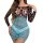 Woman modeling 2037 gradient lingerie set with cut-out bra and high-waisted bodycon skirt in black-to-blue ombre.