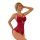 Woman modeling red lace sheer open-crotch bodysuit, erotic lingerie with floral details and strappy neckline.