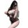 Woman wearing black luxury lace bodysuit with sheer mesh and elegant cutouts, holding phone for selfie.