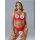 Woman modeling red lace push-up lingerie set with foot chains, featuring sheer mesh bra and panty for spring summer.