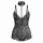 Black lace bodysuit with sheer floral pattern, cross-strap halter design, and matching choker for alluring nightwear.