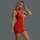 Woman modeling red sheer mesh bodysuit with rhinestone accents and lace cut-outs.