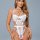 Woman wearing white sheer mesh bodysuit with butterfly details and push-up cups, featuring tight-fitting shapewear design.