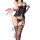 Woman modeling black lace bodysuit with sheer panels and cross-back straps, part of the night silk sensual lingerie set.
