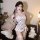 Woman wearing floral lace low-cut pure & sexy matching set with sheer mesh cami and bodycon sleep dress 2165, styled with rib...