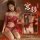 Woman in red sheer lace bralette set with hanfu-inspired design, holding a flower.