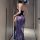 Woman wearing a seductive lace lingerie set with a modest look, featuring intricate blue lace detailing and a uniform-inspire...