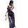Woman in navy lace lingerie set with sheer straps, modest yet seductive design, holding white feather accessory.
