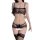 Woman modeling black lace sheer lingerie set with bralette, thong, and thigh-high stockings.