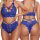 Sexy blue lace bra and panty set with strappy design, plus size erotic lingerie for women.