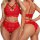 Red lace bra and panty set with crisscross straps, sexy three-point lingerie for women, plus size intimate sleepwear.