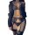 Black lace open-crotch lingerie set with garter belt and stockings, featuring a seductive 3-piece design for tempting allure.