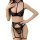 Woman wearing black lace lingerie set with garter belt and halter bra, showcasing sexy pure and tempting sleepwear design.