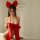 Woman wearing red lace halter neck bodysuit with bow backless thong set, premium erotic lingerie for women.