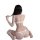 Woman wearing white sheer lace nursing bra and matching thong, back view showing underwire push-up design.