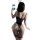 Woman wearing purple pure-seduction bodysuit set with lace details, holding a phone, showcasing alluring uniform style linger...