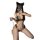 Woman wearing black lace three-piece pearl lingerie set with open-crotch design and cat ears, posing seductively while holdin...