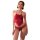Woman wearing red lace bodysuit set with open-crotch design, elegant sleepwear for women.