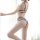 Woman modeling sexy sheer lace lingerie set with hook-neck bra and panty, trendy -inspired transparent design.