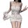 Woman modeling white sheer lingerie set with lace trim, holding teddy bear and making peace sign.
