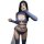 Woman modeling blue knit bralette and panty set with matching sleeves and thigh-highs, push-up enhancing lingerie.