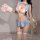 Womens bunny girl lingerie set with blue dress, white bra, paw gloves, and open-crotch design for role play.