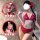 Woman modeling red lace babydoll nightgown with butterfly tie straps and push-up bra, shown front and back views.