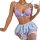Woman modeling lavender lace bra and sheer skirt lingerie set with bows.