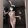 Woman wearing qingran sexy lace bodysuit with detachable rhinestones, hook-neck design, bunny ears, and feather wand accessor...