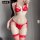 Woman wearing red lace thong bra set with open-crotch design, fishnet stockings, and bow details for intimate nights.