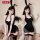 Two women modeling the elegant ol secretary outfit, featuring a sexy black lace bodycon dress with bunny ears for couples rol...