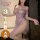 Model wearing yiying purple lace cheongsam dress, featuring a sexy one-shoulder design, high slit, sheer fabric, and butt-cle...