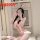 Woman in pink floral rabbit girl lingerie set with bunny ears, posing seductively for role play or passionate nights.