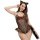 Woman wearing hot cat-themed sexy lingerie bodysuit with leopard print, black fishnet mesh, and playful ears.