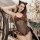 Woman wearing hot cat-themed sexy lingerie bodysuit with leopard print, black fishnet mesh, and bow detail.