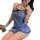 Woman wearing blue cherry blossom lingerie set with sheer side-slit cheongsam style dress, vintage-inspired and seductive.
