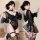 Model wearing black sheer lace bodysuit with garter straps and choker, front and back view of pure & seductive lingerie set 2...