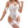Woman modeling a white shapewear bodysuit with bow silk ties, paired with lace stockings, showcasing the sexy lingerie set.