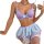 Woman modeling lavender lace bra and sheer skirt lingerie set with bows.