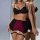 Woman modeling french-style lace lingerie set with burgundy and black 3-piece seductive outfit featuring bra, high-waist pant...