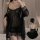 Black lace sleep set with transparent mesh babydoll, thong, and robe. deep v design, plus size lingerie for a seductive look.