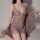 Woman wearing plus size deep v lace sleep set with transparent mesh babydoll, thong and robe.