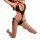 Woman wearing black lace tie-up bodysuit with sheer mesh panels, part of a sensual 3-piece lingerie set.