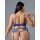 Woman wearing blue qimengya lace thong set with thigh rings, showcasing seductive 3-piece lingerie design from behind.