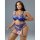 Woman modeling blue lace lingerie set with thigh rings. qimengya seductive 3-piece thong and bra intimate wear.