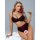 Woman in red lace lingerie set with black trim, holding a rose. sexy 3-piece romantic sleepwear for small bust with busty ill...